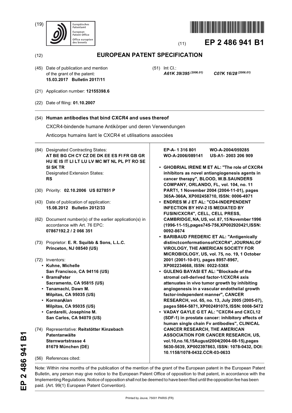 Human Antibodies That Bind CXCR4 and Uses Thereof CXCR4-Bindende Humane Antikörper Und Deren Verwendungen Anticorps Humains Liant Le CXCR4 Et Utilisations Associées