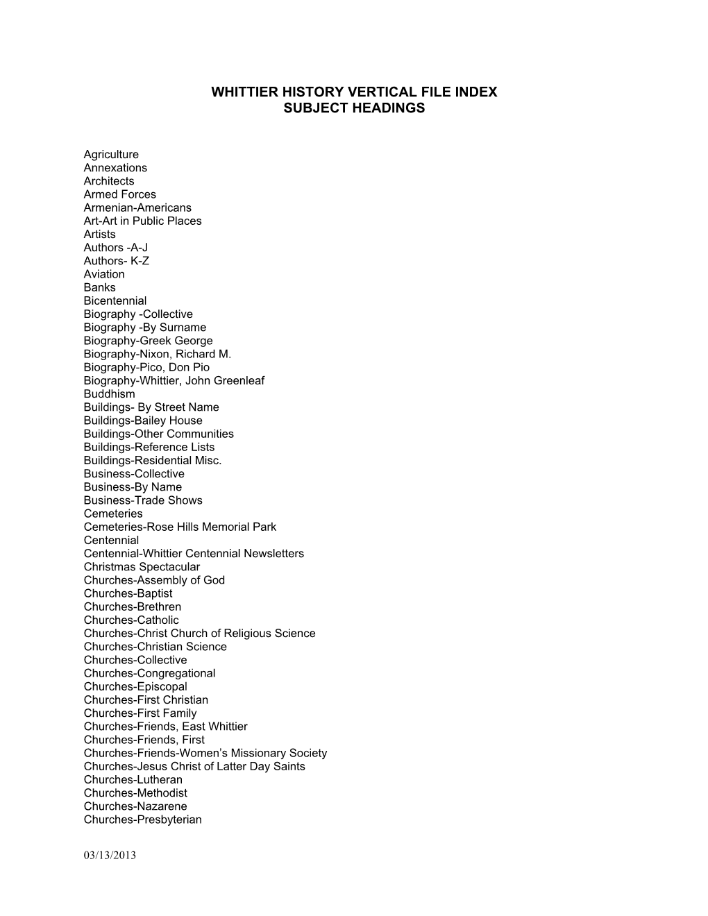 Whittier History Vertical File Index Subject Headings