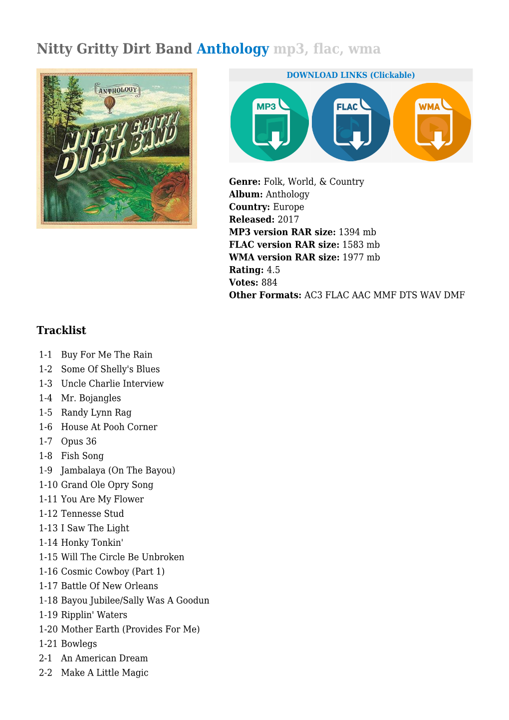 Nitty Gritty Dirt Band Anthology Mp3, Flac, Wma