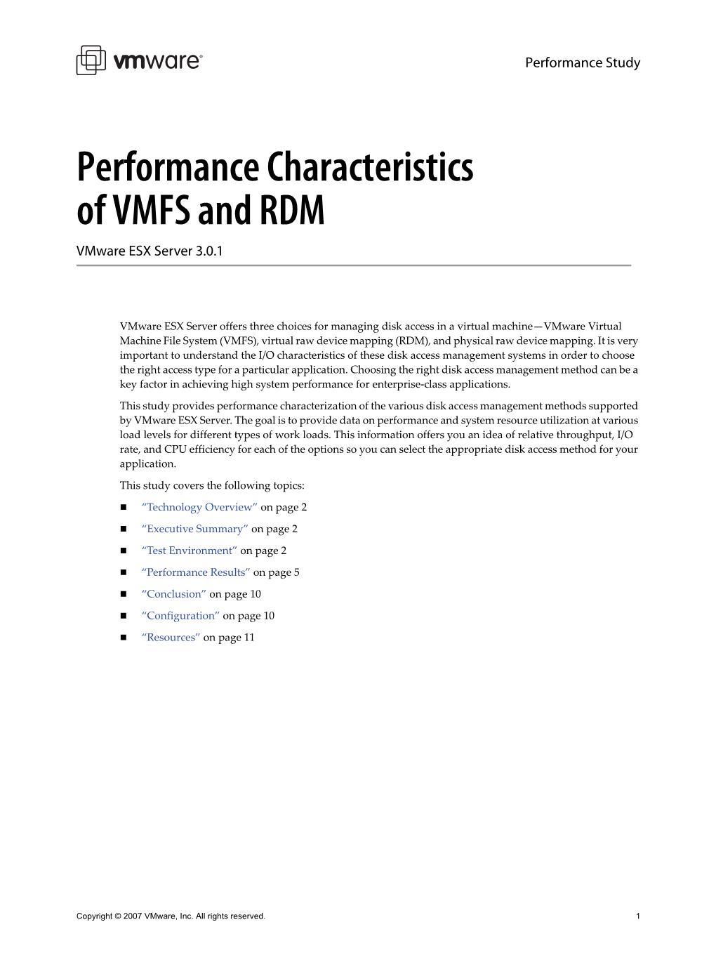 Performance Characteristics of VMFS and RDM Vmware ESX Server 3.0.1