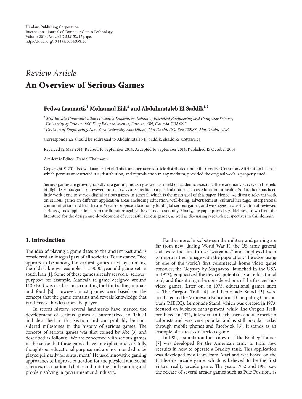 Review Article an Overview of Serious Games