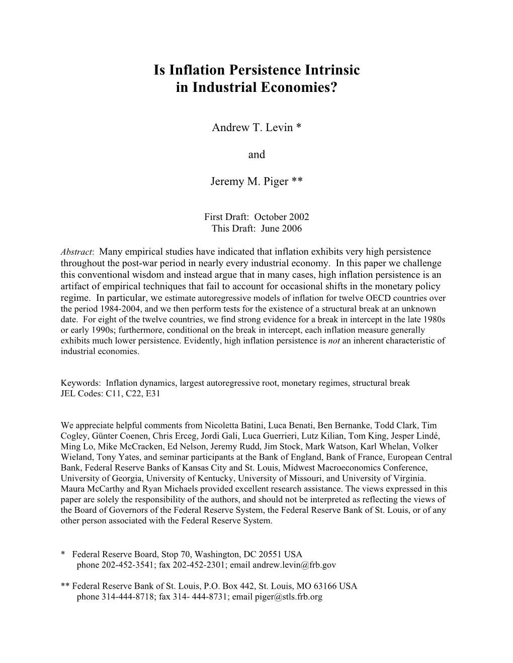 Is Inflation Persistence Intrinsic in Industrial Economies?