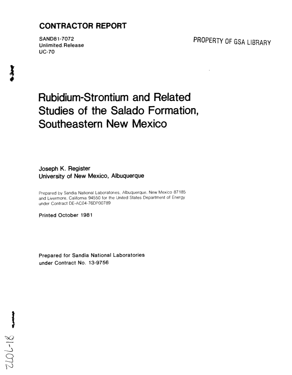 Ru Bidium-Strontium and Related Studies of the Salado Formation, Southeastern New Mexico