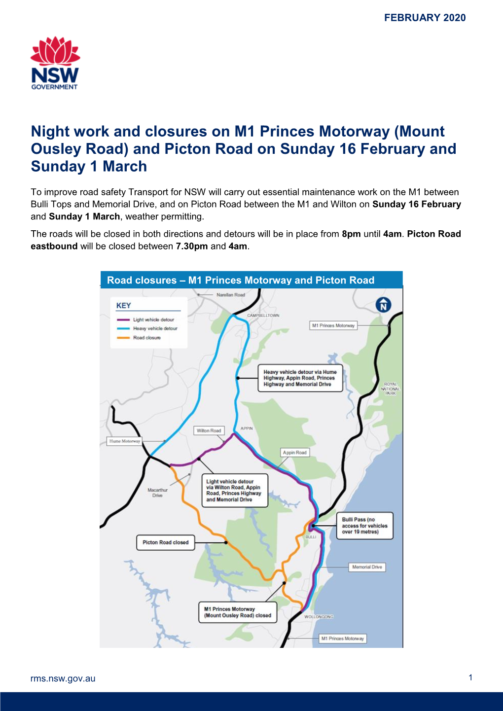 Night Work and Closures on M1 Princes Motorway (Mount Ousley Road) and Picton Road on Sunday 16 February and Sunday 1 March