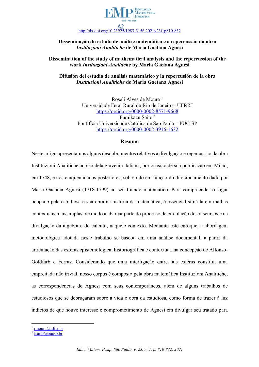 Disseminação Do Estudo De Análise Matemática E a Repercussão Da Obra Instituzioni Analitiche De Maria Gaetana Agnesi