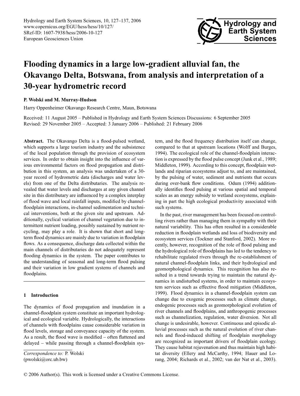 Flooding Dynamics in a Large Low-Gradient Alluvial Fan, the Okavango Delta, Botswana, from Analysis and Interpretation of a 30-Year Hydrometric Record