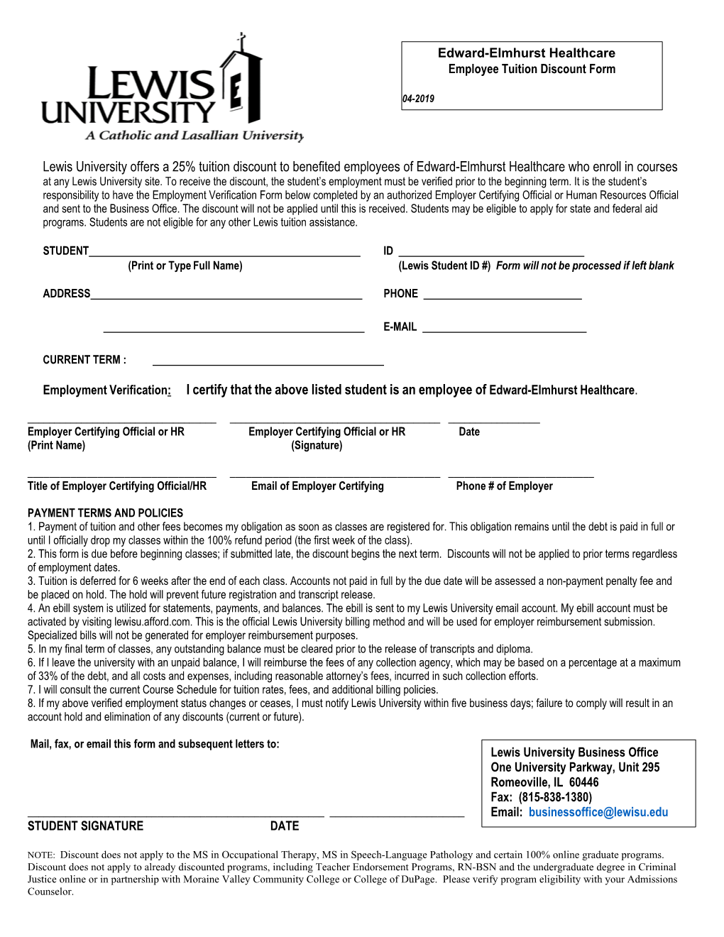 Edward-Elmhurst Employee Discount Form