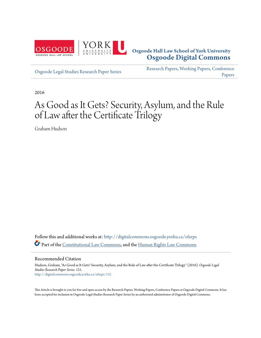 Security, Asylum, and the Rule of Law After the Certificate Trilogy Graham Hudson