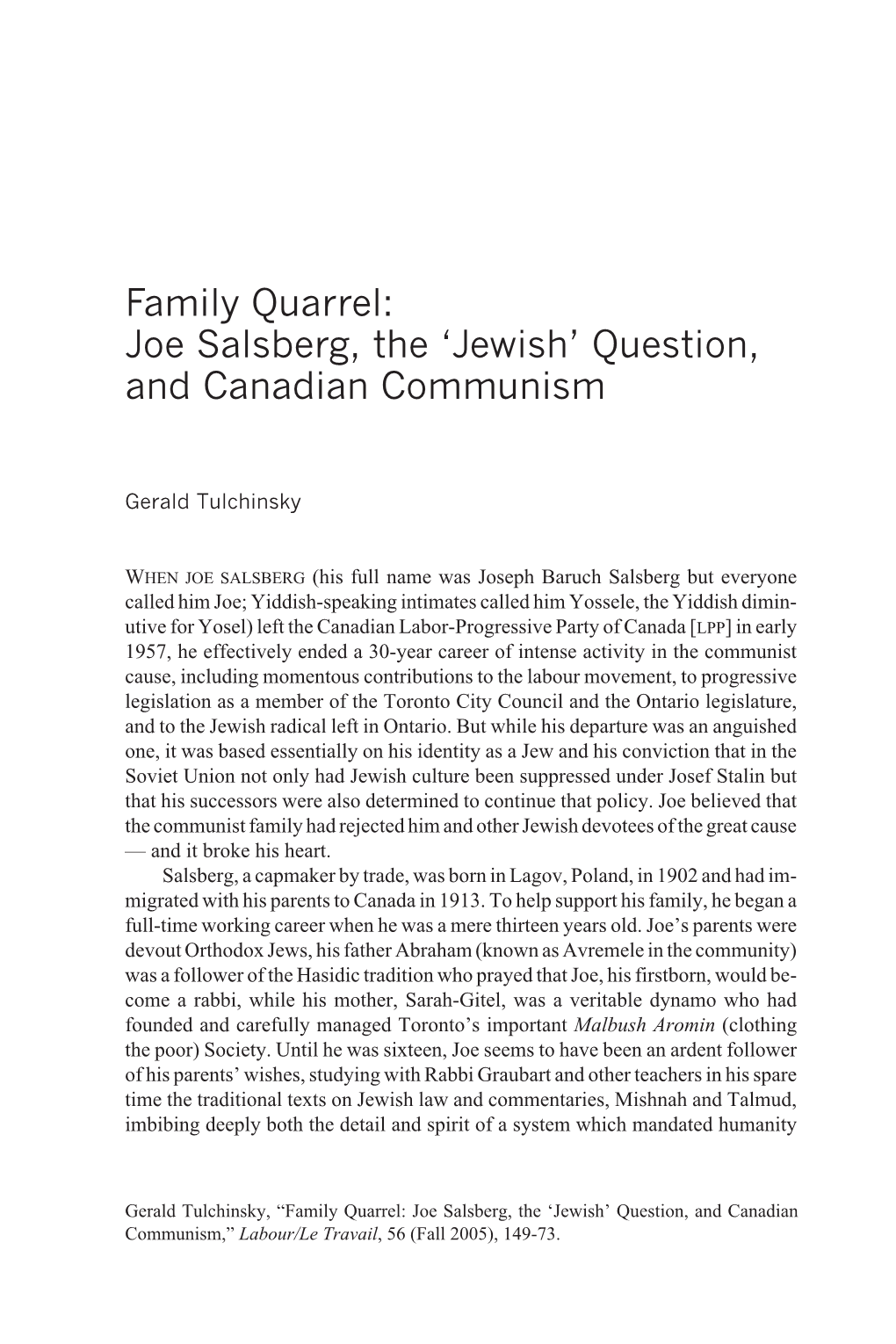 Family Quarrel: Joe Salsberg, the 'Jewish' Question, and Canadian Communism