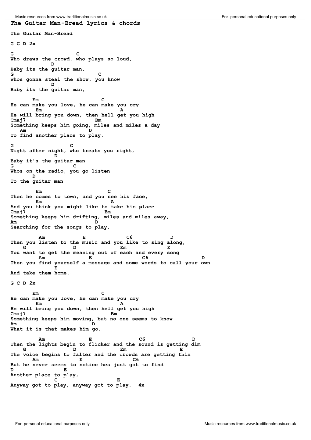 The Guitar Man-Bread Lyrics & Chords