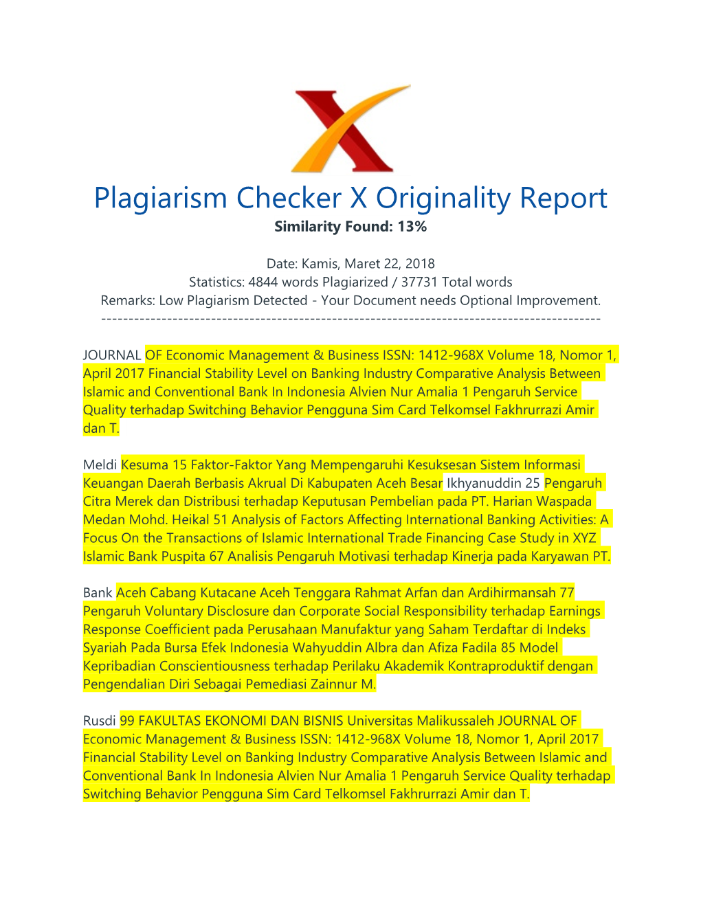 Plagiarism Checker X Originality Report Similarity Found: 13%