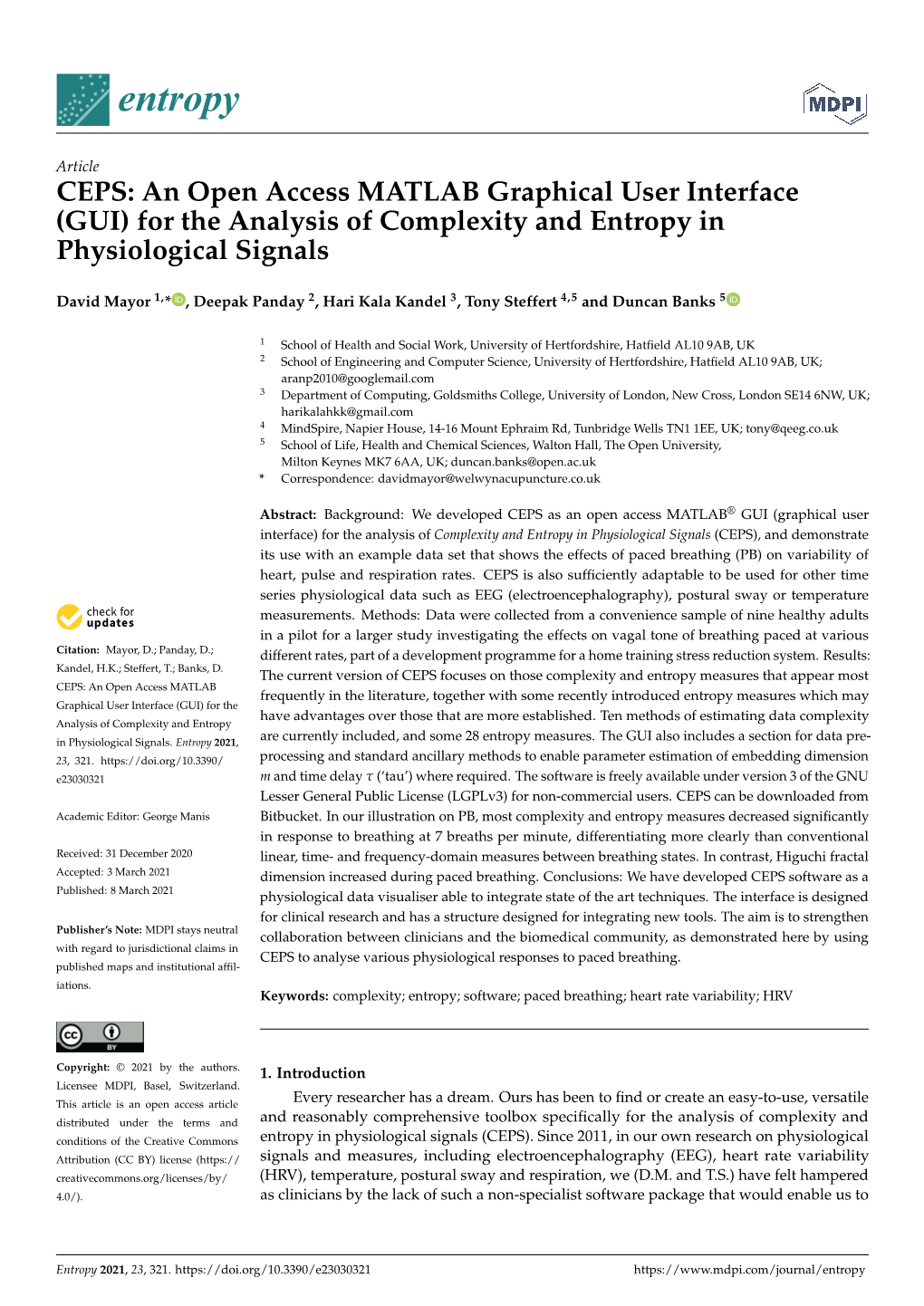 CEPS: an Open Access MATLAB Graphical User Interface (GUI) for the Analysis of Complexity and Entropy in Physiological Signals