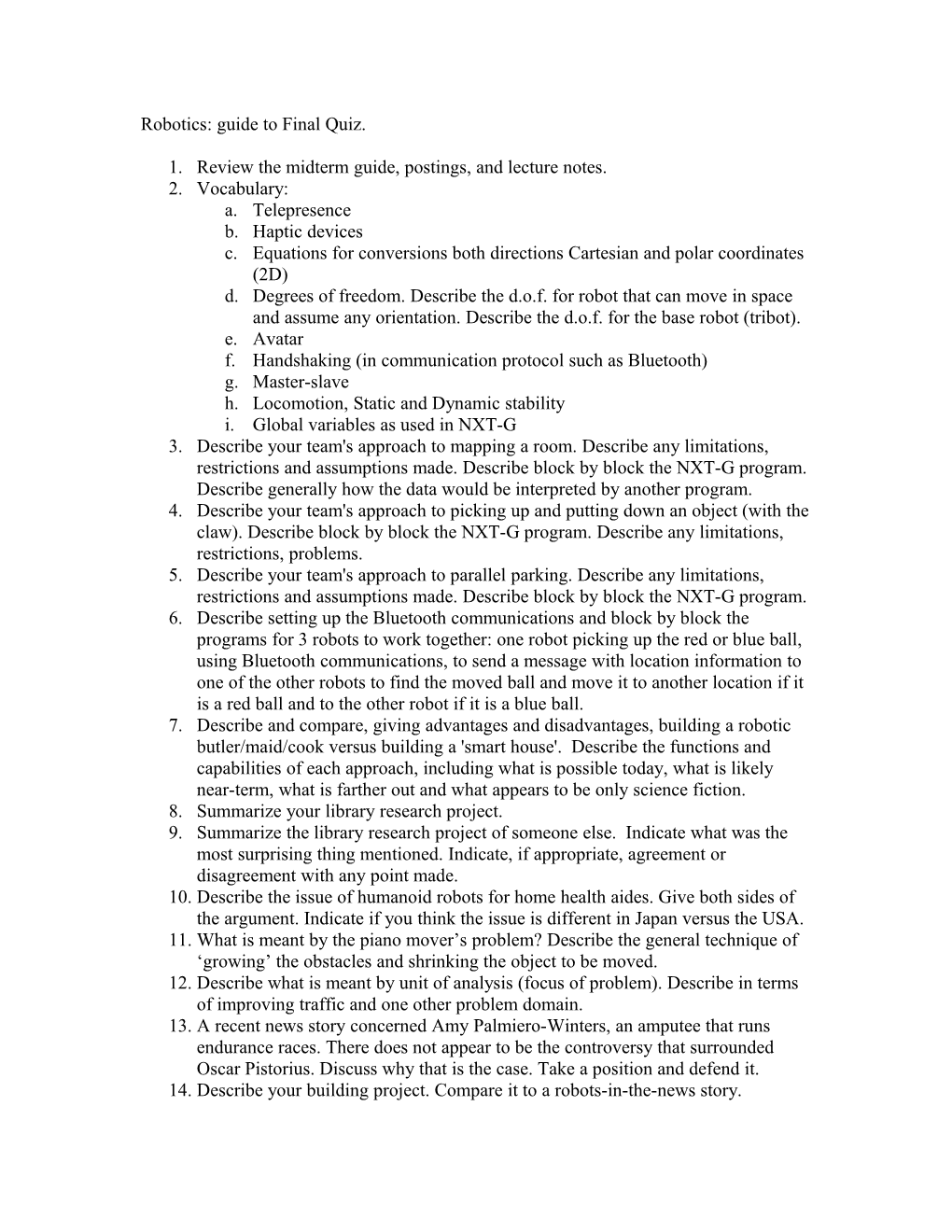 Robotics: Guide to Final Quiz