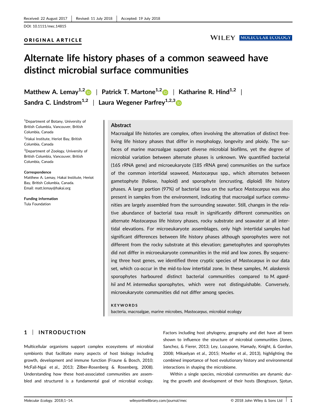 Lemay Martone 2018 Mastocarpus Microbes.Pdf