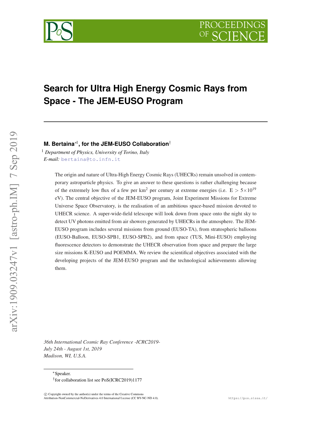 Search for Ultra High Energy Cosmic Rays from Space--The JEM-EUSO