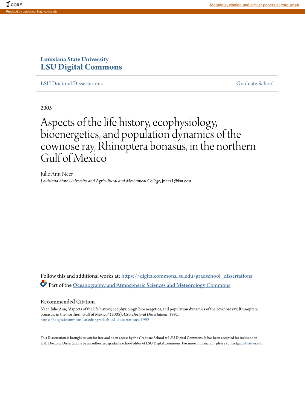 Aspects of the Life History, Ecophysiology, Bioenergetics, And