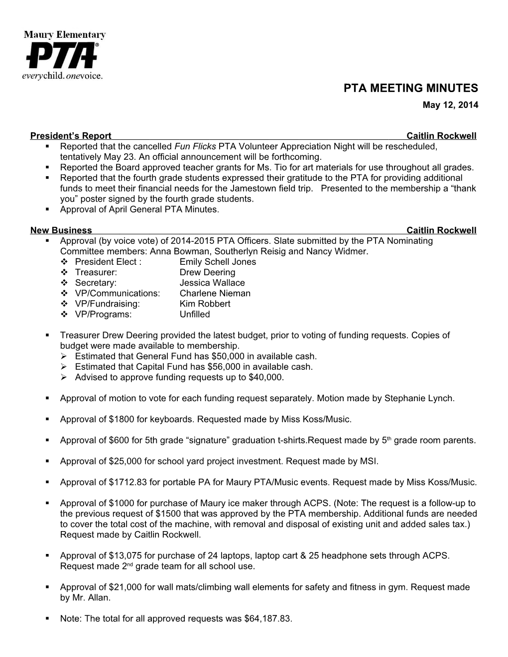 Pta Meeting Minutes