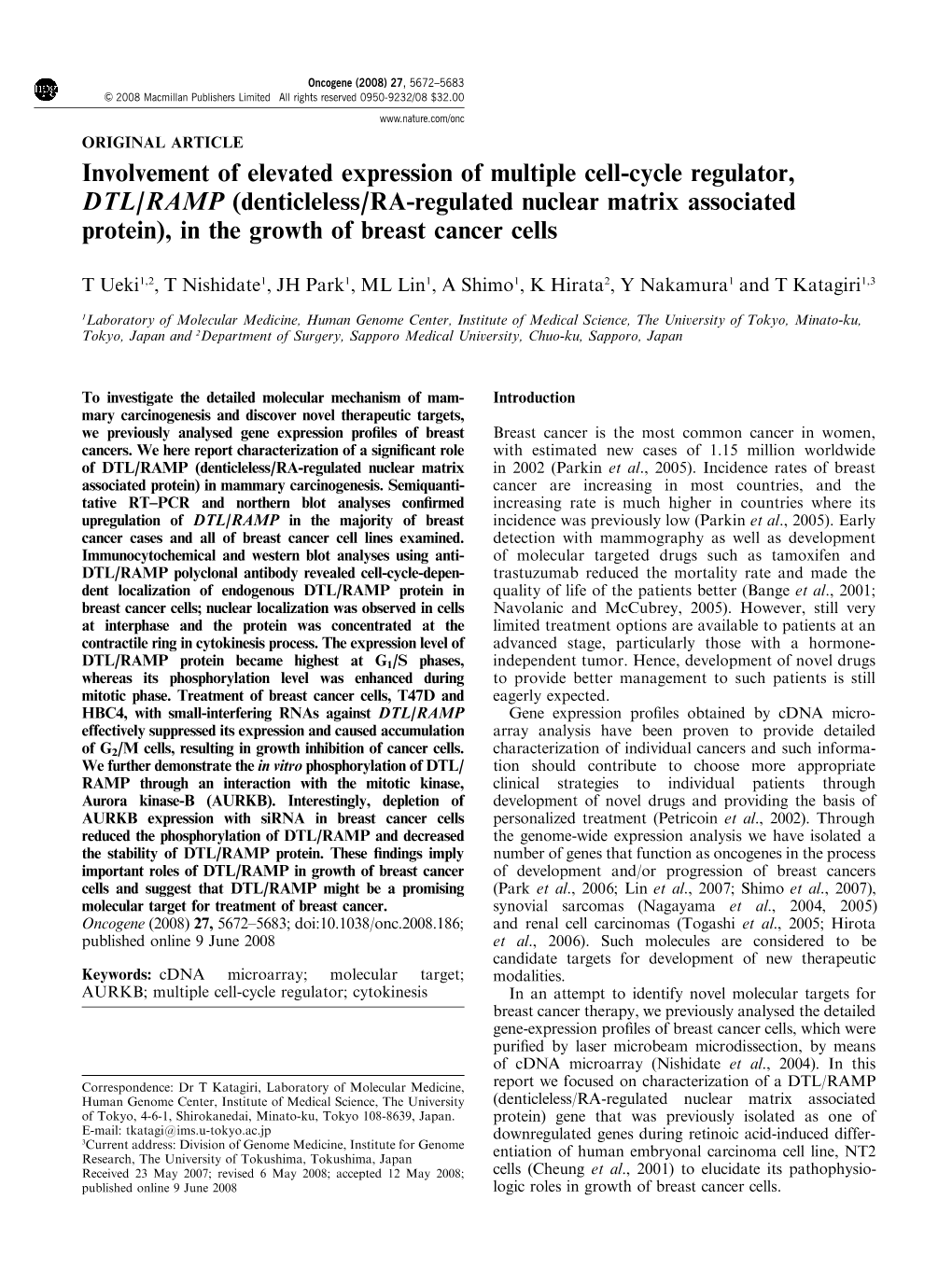 Involvement of Elevated Expression of Multiple Cell-Cycle Regulator, DTL