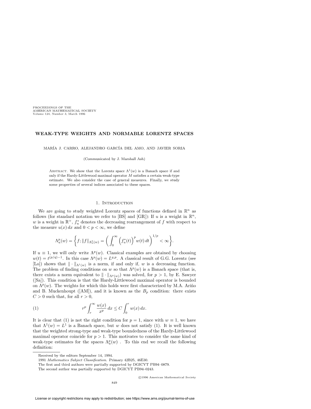 Weak-Type Weights and Normable Lorentz Spaces 1