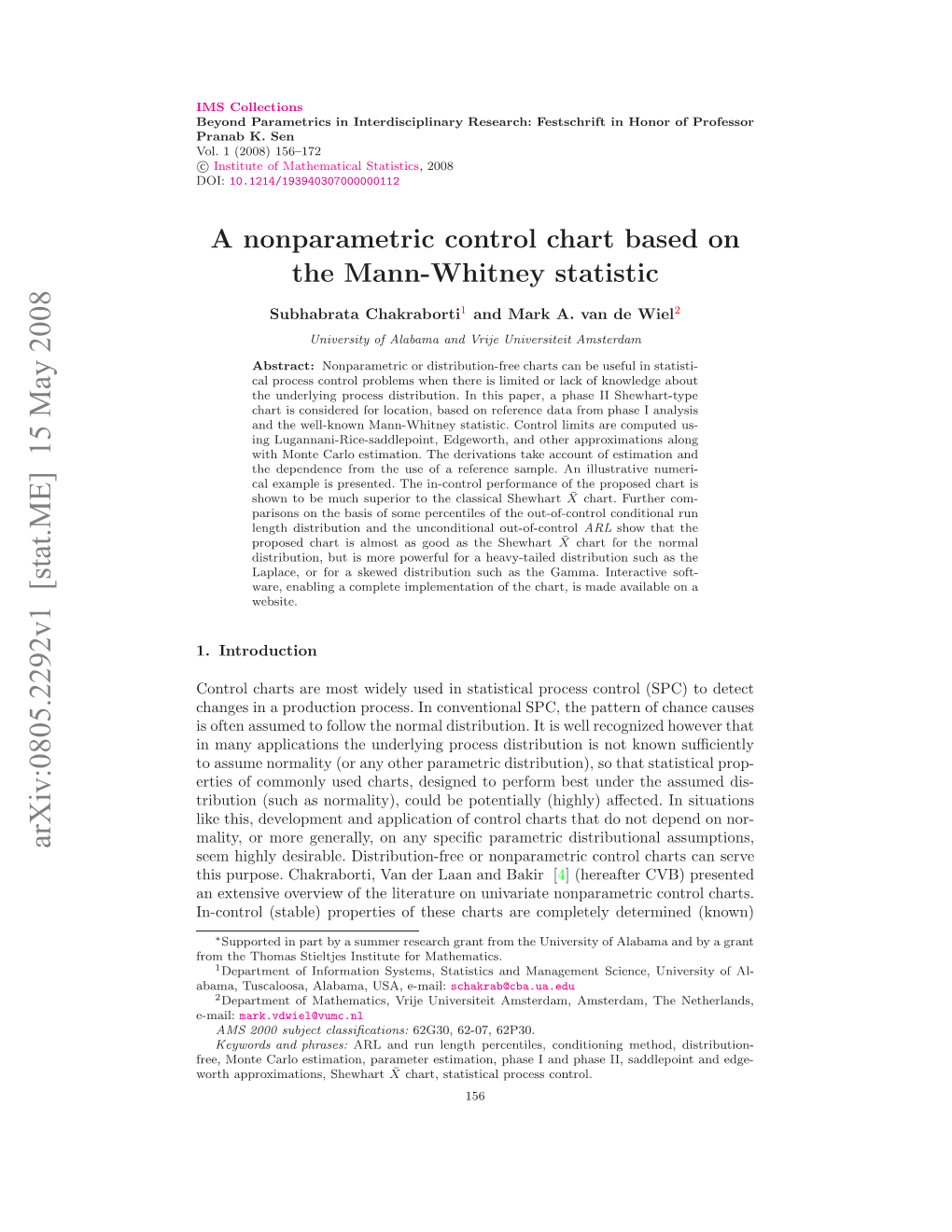 Control Chart Based on the Mann-Whitney Statistic