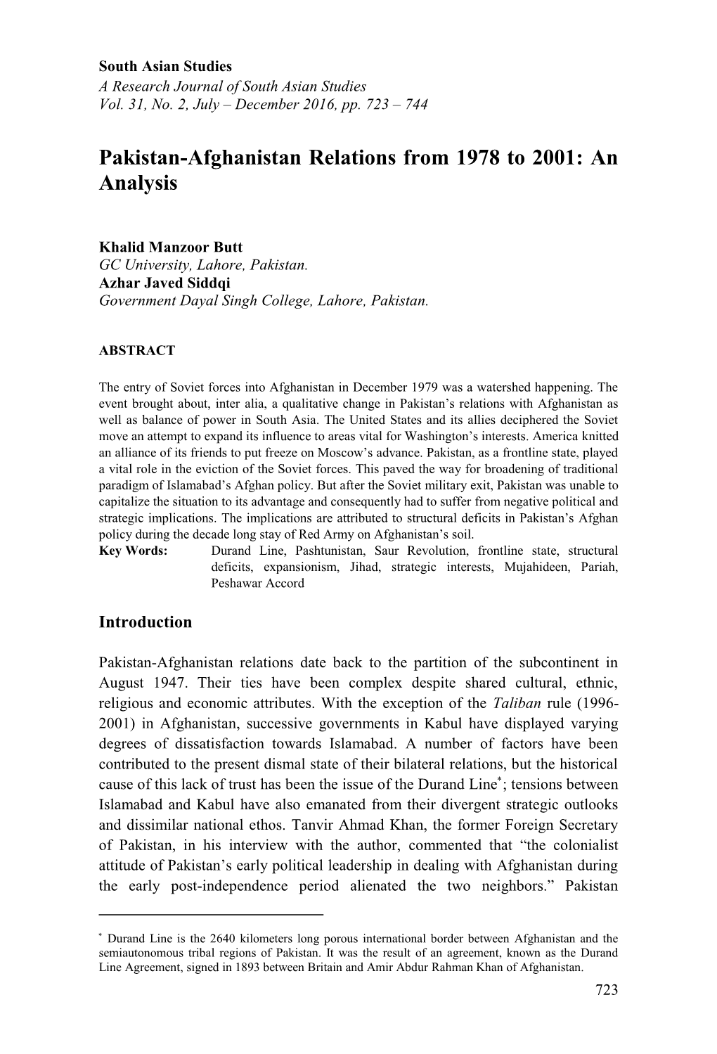 Pakistan-Afghanistan Relations from 1978 to 2001: an Analysis