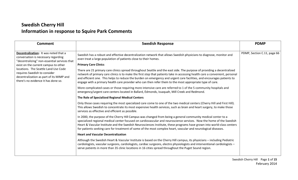 Swedish Cherry Hill Information in Response to Squire Park Comments