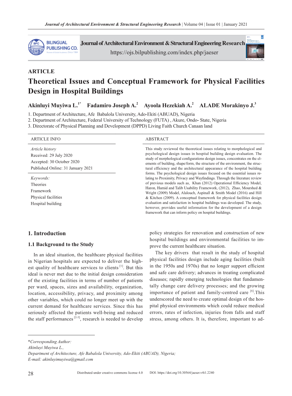 Theoretical Issues and Conceptual Framework for Physical Facilities Design in Hospital Buildings