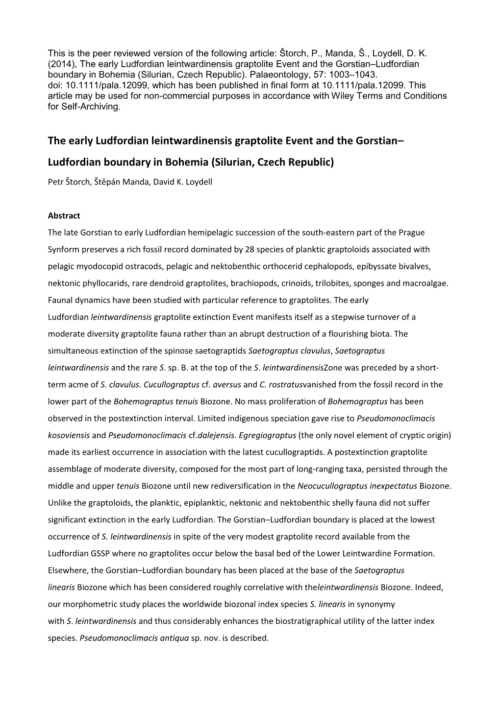 The Early Ludfordian Leintwardinensis Graptolite Event and the Gorstian–Ludfordian Boundary in Bohemia (Silurian, Czech Republic)