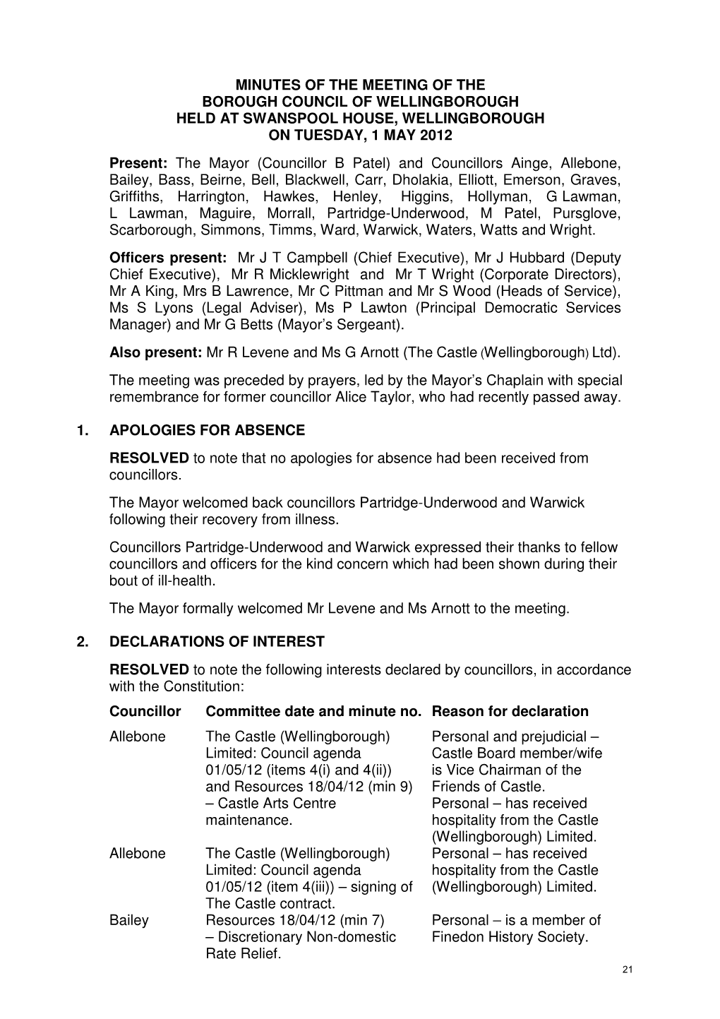 Minutes of the Meeting of the Borough Council of Wellingborough Held at Swanspool House, Wellingborough on Tuesday, 1 May 2012