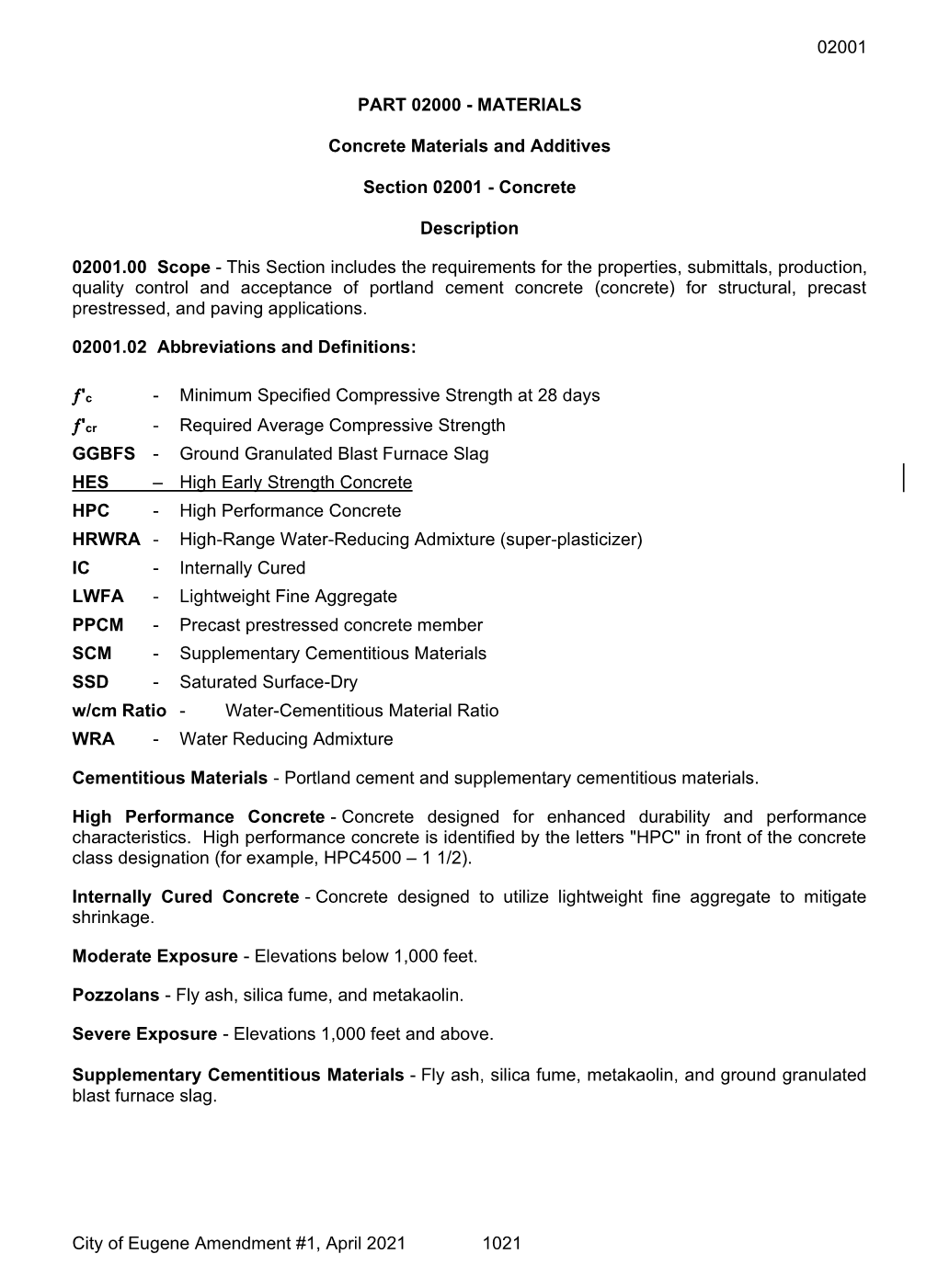 02001 City of Eugene Amendment #1, April 2021 1021 PART 02000