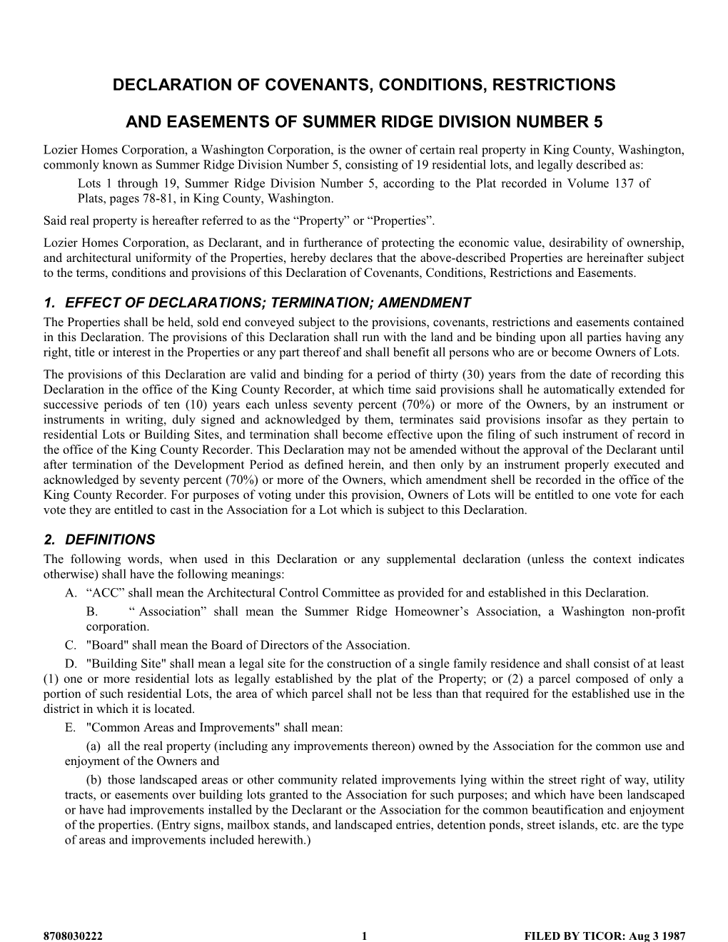 Declaration of Covenants, Conditions, Restrictions