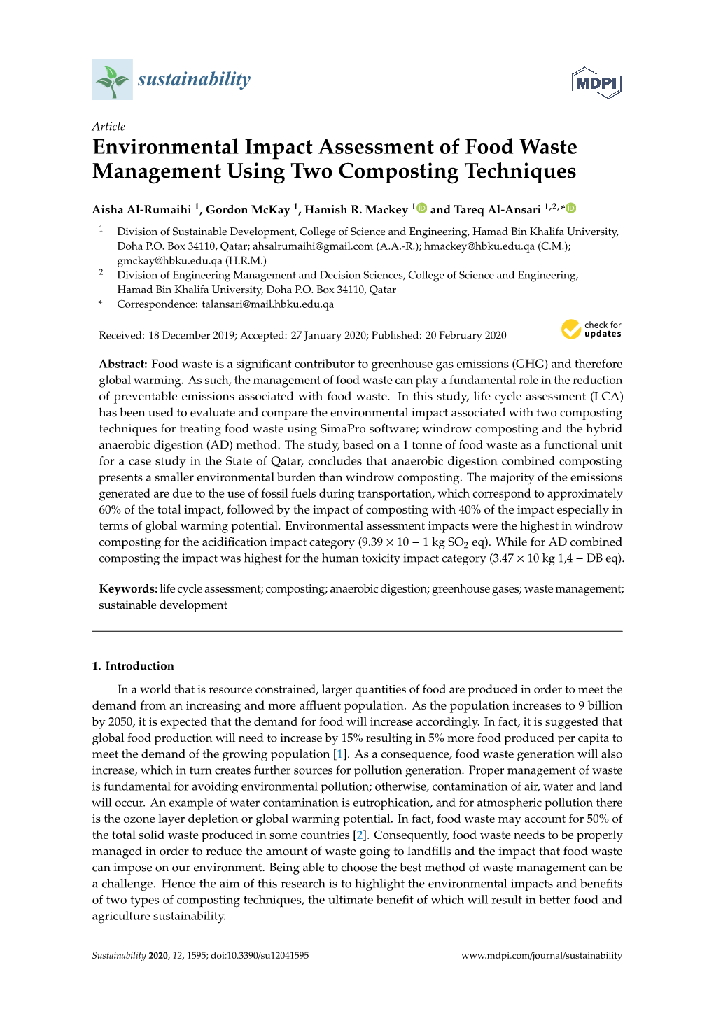 Environmental Impact Assessment of Food Waste Management Using Two Composting Techniques