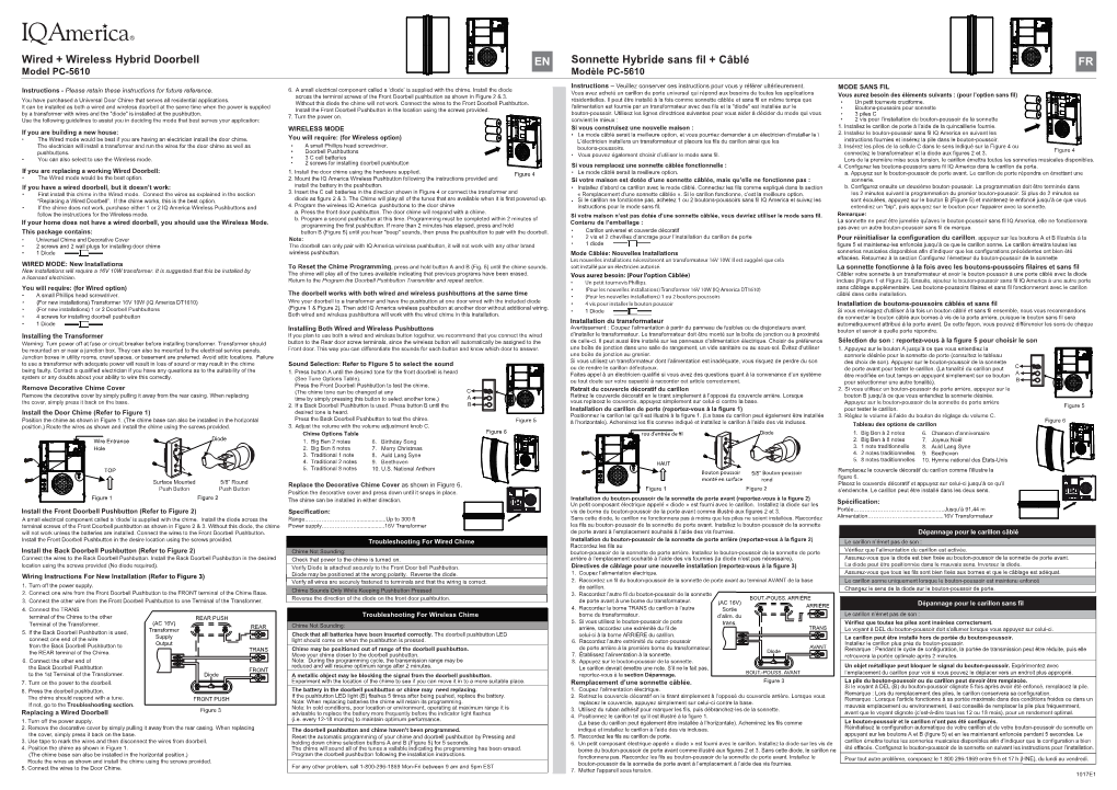 Wired + Wireless Hybrid Doorbell Sonnette Hybride Sans Fil + Câblé EN FR Model PC-5610 Modèle PC-5610