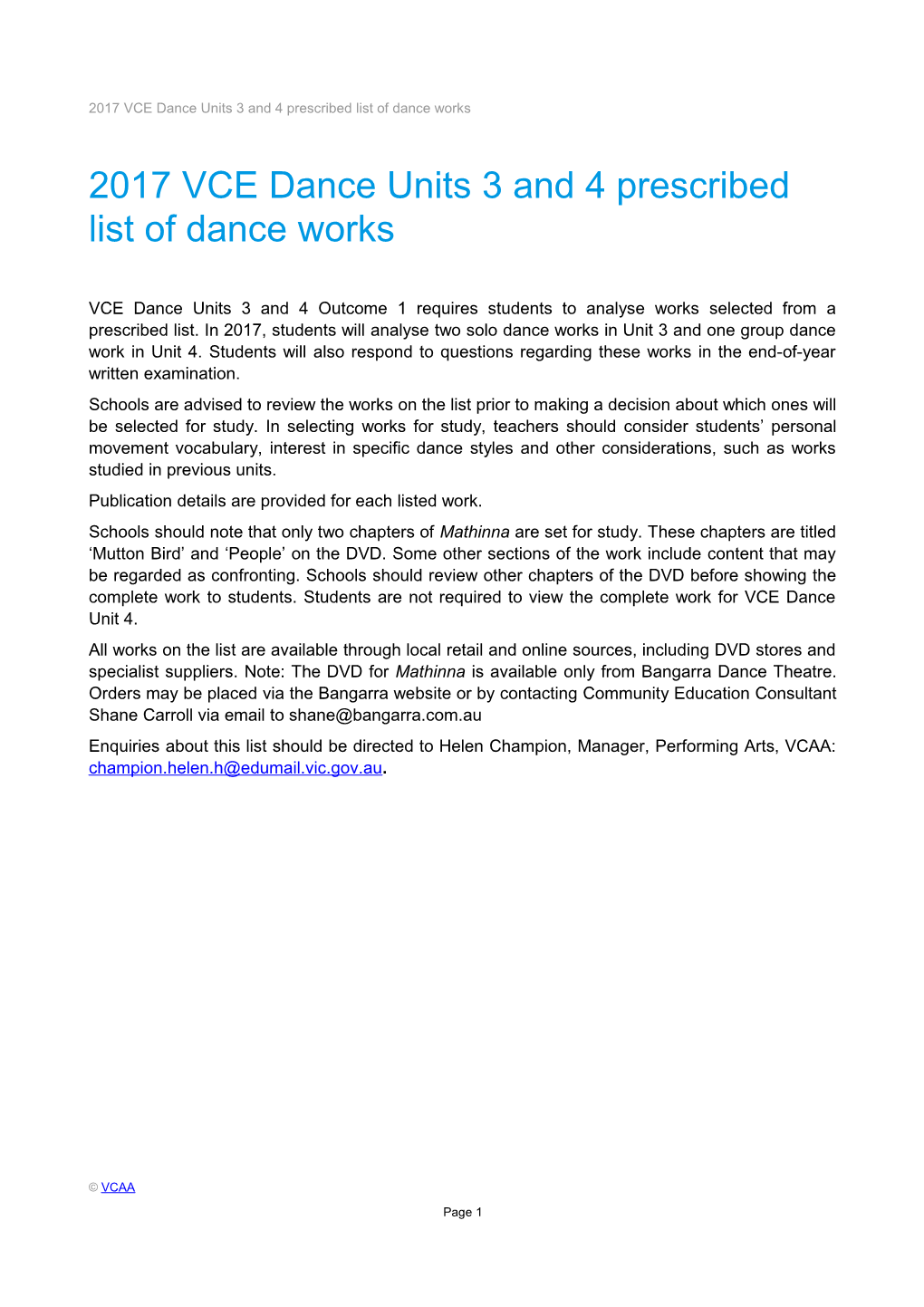 2017 VCE Dance Units 3 and 4 Prescribed List of Dance Works