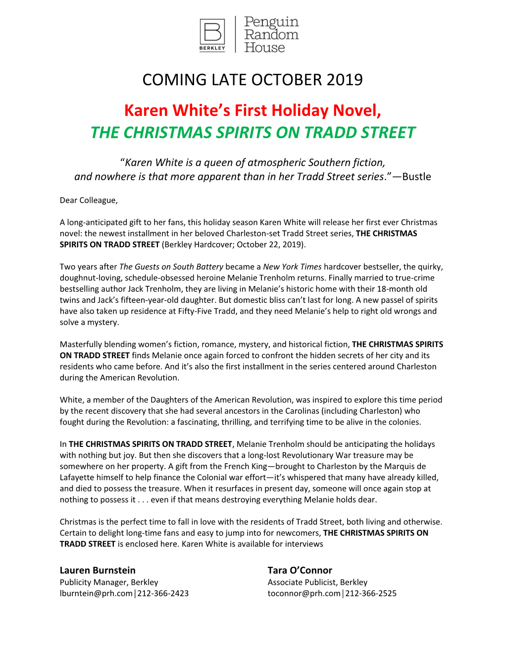 COMING LATE OCTOBER 2019 Karen White's First Holiday Novel, the CHRISTMAS SPIRITS on TRADD STREET