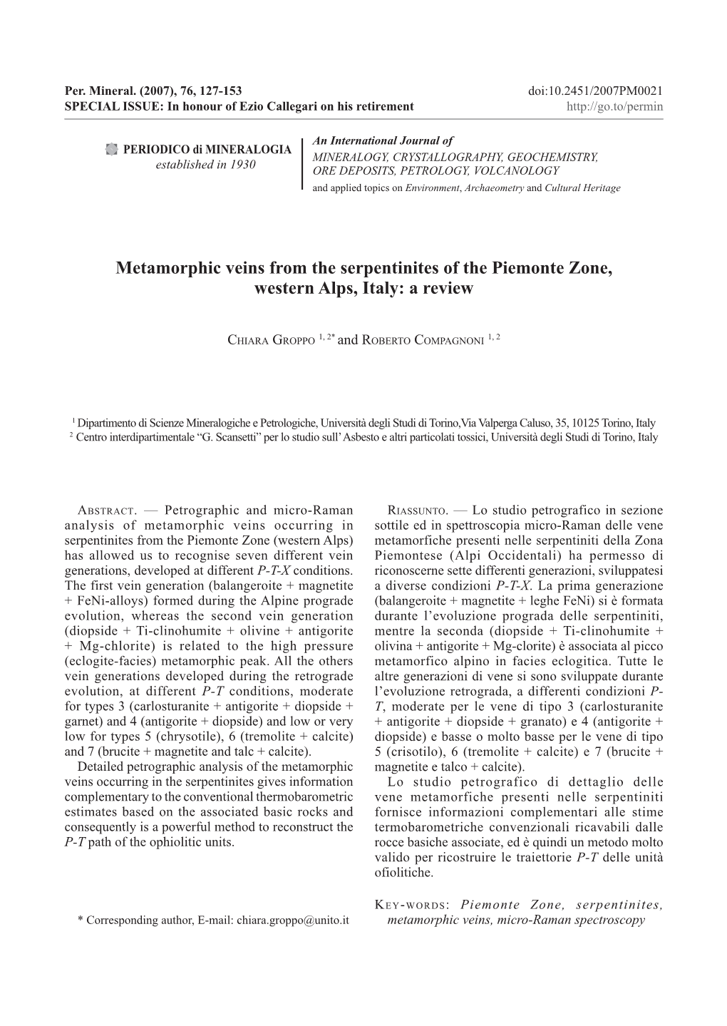 Metamorphic Veins from the Serpentinites of the Piemonte Zone, Western Alps, Italy: a Review