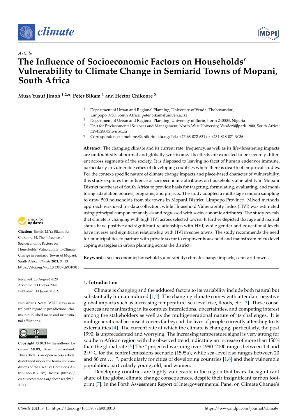 The Influence of Socioeconomic Factors on Households' Vulnerability to Climate Change in Semiarid Towns of Mopani, South Afric