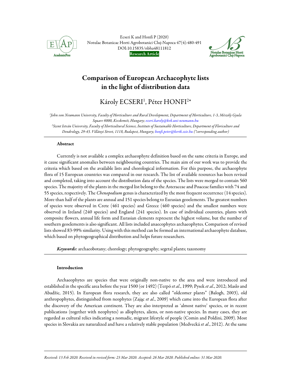 Comparison of European Archaeophyte Lists in the Light of Distribution Data