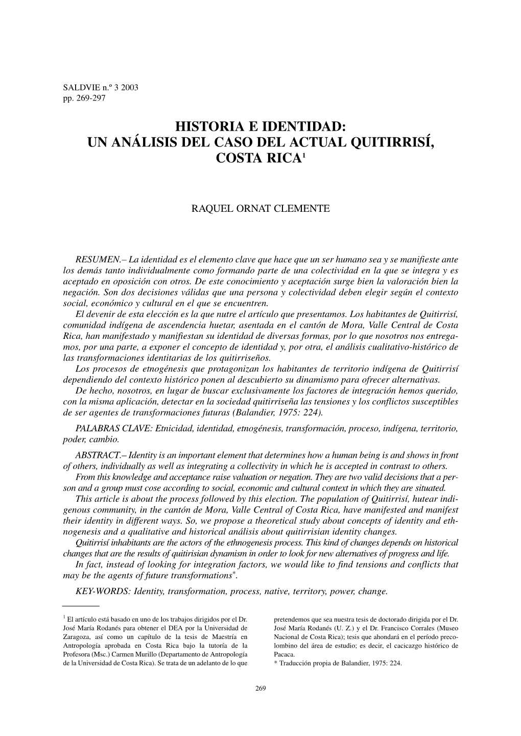 Un Análisis Del Caso Del Actual Quitirrisí, Costa Rica1