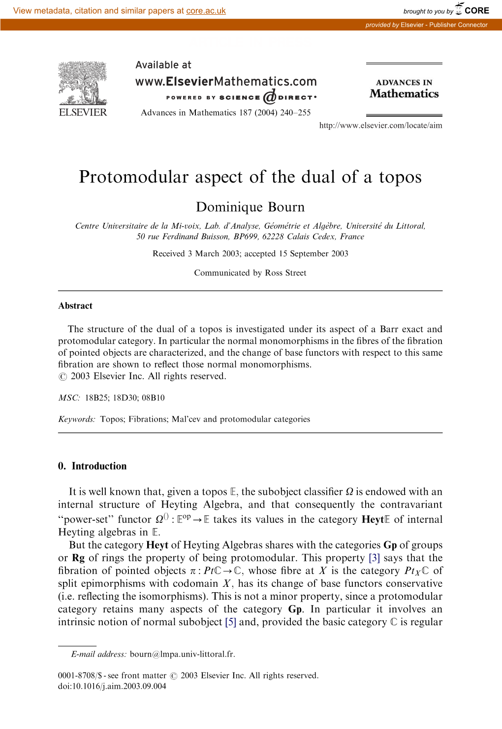 Protomodular Aspect of the Dual of a Topos