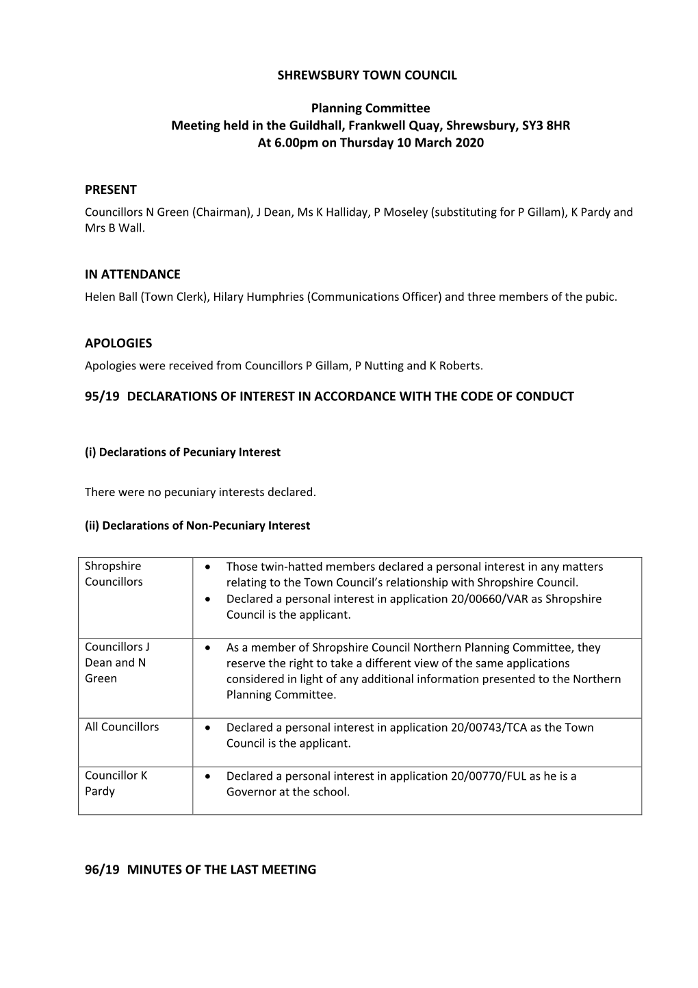 SHREWSBURY TOWN COUNCIL Planning Committee Meeting Held in the Guildhall, Frankwell Quay, Shrewsbury, SY3 8HR at 6.00Pm on Thurs