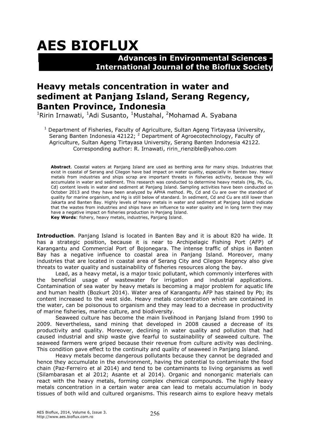 Heavy Metals Concentration in Water and Sediment at Panjang Island, Serang Regency, Banten Province, Indonesia 1Ririn Irnawati, 1Adi Susanto, 1Mustahal, 2Mohamad A