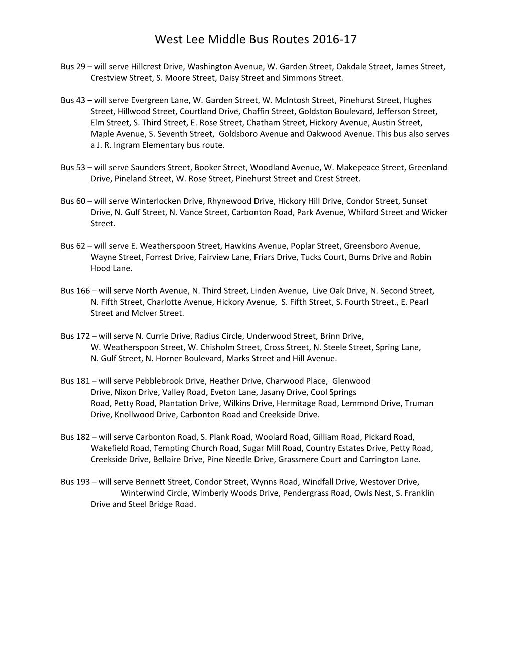 West Lee Middle Bus Routes 2016-17