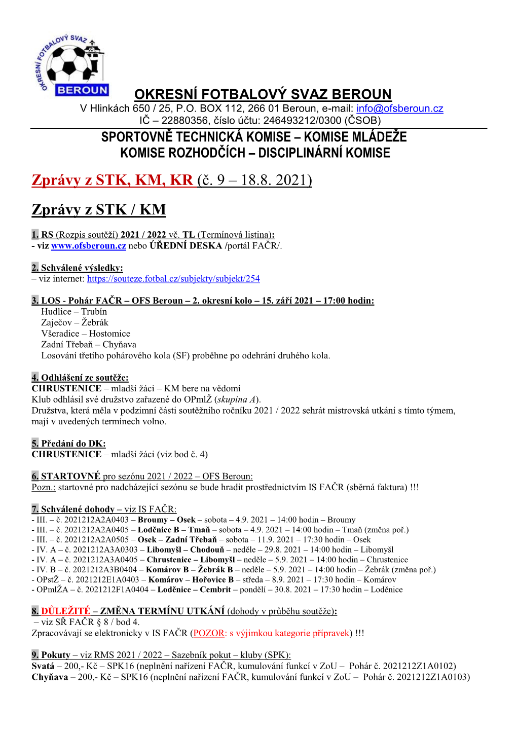 Zprávy Z STK, KM, KR (Č. 9 – 18.8. 2021)