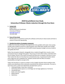 2020 Recyclemania Case Study University of Ottawa: Waste Reduction Through the Free Store