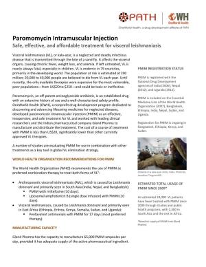 Paromomycin Intramuscular Injection Safe, Effective, and Affordable Treatment for Visceral Leishmaniasis