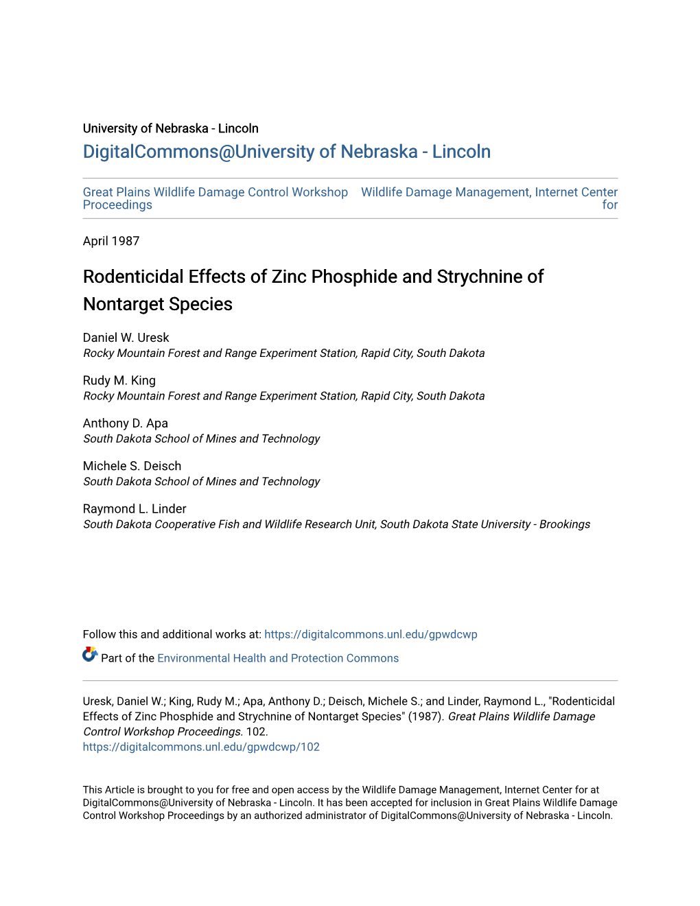 Rodenticidal Effects of Zinc Phosphide and Strychnine of Nontarget Species