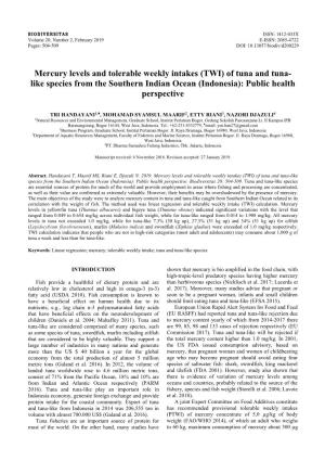 Mercury Levels and Tolerable Weekly Intakes (TWI) of Tuna and Tuna- Like Species from the Southern Indian Ocean (Indonesia): Public Health Perspective
