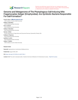 Genome and Metagenome of the Phytophagous Gall-Inducing Mite Fragariocoptes Setiger (Eriophyoidea): Are Symbiotic Bacteria Responsible for Gall-Formation?