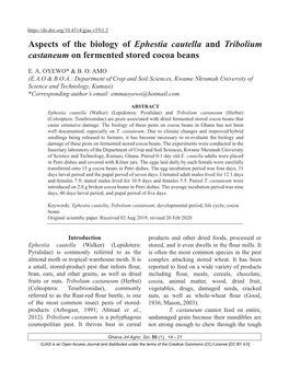 Aspects of the Biology of Ephestia Cautella and Tribolium Castaneum on Fermented Stored Cocoa Beans